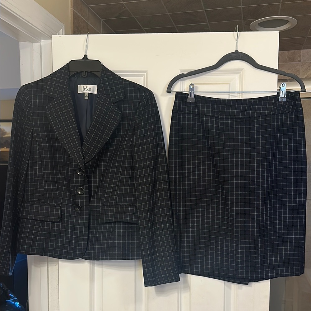Le Suit Navy Plaid Blazer and Skirt Set